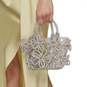 Drawstring Flower Rhinestone Evening Bags For Women Transparent 2024 Luxury Designer Crystal Clutch Purses Handbag Ladies Wedding Party