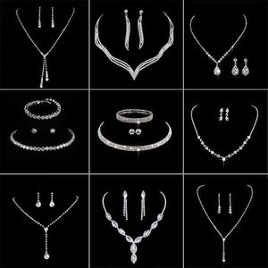 Earrings Necklace Luxury Crystal Bridal Jewelry Set Water Diamond Wedding Dress Banquet Zirconia Chain Necklace Pendant Earrings Womens Accessories J240508