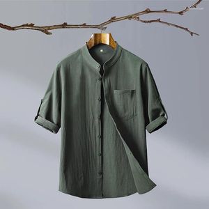 Men's Casual Shirts Fashion Cotton Linen Crepe Pure Color Business With Outdoor Travel Trend Slim-fit Mid-sleeve Shirt