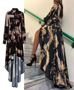 2019 Autumn Womens Maxi Baroque Print Lantern Sleeve長袖ボタン包帯エレガントなドレススリットイブニングパーティーサンドレス8784057