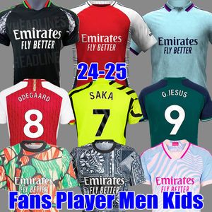 23 24 25 Saka Rice Soccer Jerseys Home Away Fans Player Gunners G.Jesus Trossard Martinelli Ian Wright Pre-Match Odegaard Arsen 2024 2025フットボールシャツMen Kid Kit