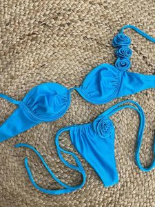 Women's Swimwear Bikini Set Sexy 3D Flower Blue Push Up 2024 Women Wrinkled Underwired Micro Thong Swimsuit Bathing Suit Mujer