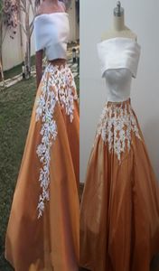 Gold Taffeta White Lace aftonklänningar Sexig från axelgolvet Längd dragkedja Två stycken Promklänningar 2016 Arabiska Dubai Women Dress2226326