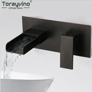 Bathroom Sink Faucets Torayvino Matte Black Faucet Embedded Box Valve Waterfall Spout Torneira Wall Mount Basin 1 Handle Mixer Water Tap