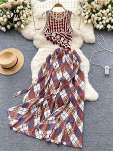 Dwuczęściowa sukienka Singreiny żeńska modne garnitury Strtwear Slveless Nieregularny dzianin top+retro Argyle szerokie spodnie nogawkowe