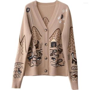 Women's Knits Khaki V-neck Button Ladies Knit Cardigan Autumn Gray Winter Style Korean Aesthetic Sweater