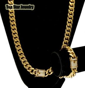 Zestawy biżuterii ze stali nierdzewnej 18K Gold Splated Casting Dragon zapięcie Wdiamond Cuban Link Naszyjnik 2PCS Mężczyzn