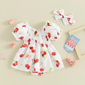 Rompers 0-18 Mint. Baby dziewczyna Romper Dress Cherry Print Playsit z uroczym zestawem opaski