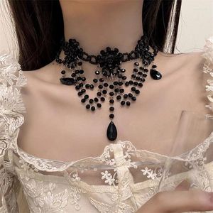 Chains Necklace Women's Artificial Crystal Material Acrylic Handmade Beaded Court Vintage Woven Black Transparent Ribbon Tassel