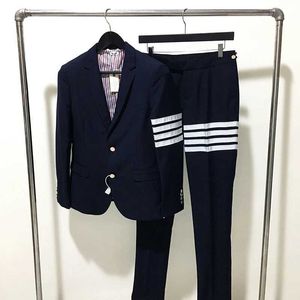 Мужские костюмы Blazers Классический стиль TB Mens White Four Bar Red и Blue Plainted Set Set Bupt+Pants Business Casual Trend Trend Q240507