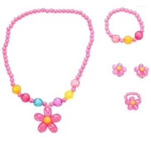 Catene 4pcs adorabili girls bambini in rilievo con perline di fiore crase anelli braccialetti orecchini set di gioielli per bambini regalo per bambini