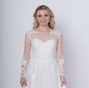 Elegante weiße Spitze Langarmes Hochzeit Bolero Wrap Applizes Gewohnte billige Brautjacke Cape Juwel Hals5995244