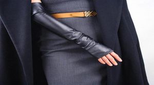 Женщины 039s Тонкие длинные кожаные кожаные перчатки без пальцев Зимние теплые полуболебники для ночного рукава.