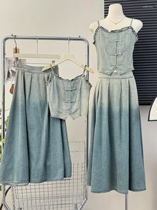 Work Dresses Women Retro Denim 2pcs Suit Strapless Crop Vest Tops High-waisted Jeans Skirt Clothing Sets