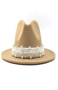 Wool Jazz Fedora Top Hats Women Women Pearl Ribbon Felt Hat Panama Trilby Formal Party Cap 5861cm 17 Colors1553544