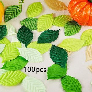 装飾的な花100pcs/シミュレートされた植物の緑の葉の葉のゴールドとシルバーホリデーDIY手作りの花輪偽物