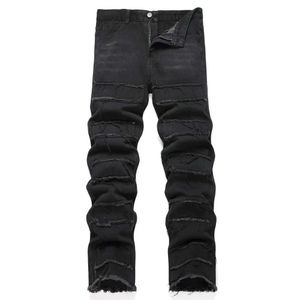 Mäns jeans Nya High Strt Fashion Men Ernised Loose Biker Jeans Male Hip-Hop Splice Holes Motorcykel Staka denim Pants Y240507