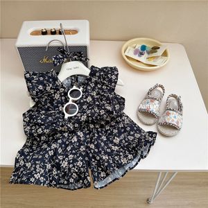 Girls' fancy floral set summer new little girls flying sleeve doll shirt baby shorts two-piece set of fashion