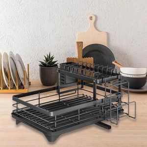 Kök förvaring 2 Tier Dish Rack Cups Holder With Drain Board för Buffet Restaurant El