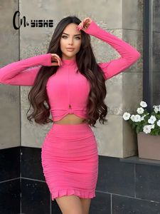 Two Piece Dress CNYISHE Pure Color Bodycon Ruched Skirts Sets Suits for Women Winter Elegant Sexy Swt Clothes Fashion Sexy Slim Two Piece Set Y240508