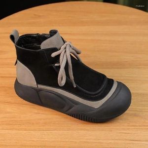 Scarpe casual per donne tacco piatto retrò in pelle vera e velluto più stivalette invernali caldi addensati