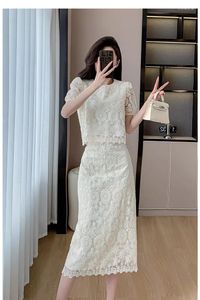 Work Dresses Women Summer Vintage White Lace Sets Sweet Short Sleeve Casual Party 2 Pcs Outfits Femme Skirt Suit