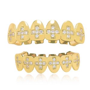 Hip ghiacciato zircone cross -cross per uomo corpo piercing oro cubico zirconia denti griglie di Natale 8/8 Cop set 240504