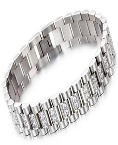 Watch Band Style 15mm Width 316L Stainless Steel Luxury Mens Wristband Link Bracelet with Prong Setting CZ Stones KKA21991303789