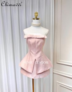 Work Dresses Pink White Contrasting Color Bow Fishbone Split Sleeveless Strapless Tube Top High Waist A- Line Skirt Two-Piece Sets For Women