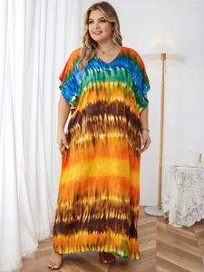 Plus-klänningar Boho Tie-Dyed Printed Batwing Sleeve Kaftan Dress for Women 2024 Summer Marockan Robe Beachwear Maxi Q1450