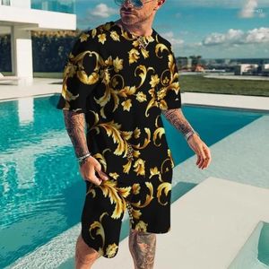 Herrspårar Summer T-shirt Set Barock Style Gold Flower 3D Printed Tee Short Shorts Street Casual Vintage Tracksuit 2st Suit