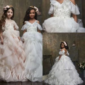 Dreamly A Line Flower Girl Spaghetti Short Sleeve Backless Lace Applique Sequin Tiered Pageant Dress Floor Length Girl's Birthday Part 0508