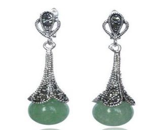 Rare 925 Sterling Silver Natural Green Gem Beads Marcasite Earrings 145quot5170522