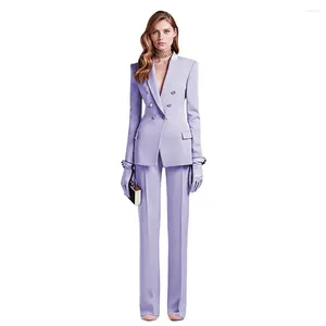 Men's Suits Light Purple Women's Double Breasted Business Suit Fashion Female Custom Made Slim Fit Tuxedos Party 2-Pcs Sets Jacket Pants