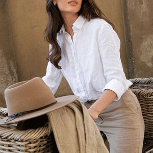 Women's T-Shirt 100% linen white shirt and shirt lapel long sleeved top chic and elegant womens shirt Camissa de MujerL2405