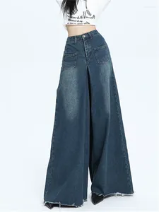 Damskie dżinsy szerokie noga dla kobiet 2024 Wysoka moda mody vintage elegancki elegancki streetwear swobodny pełna długość