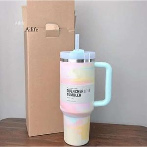 DHL 40oz Quencher Tumblers H.0 깨끗한 슬레이트 따뜻한 쿨 고요한 브러시 스트로크 컵 40oz 스테인리스 스틸 머그 핸들 뚜껑과 밀짚 자동차 텀블러 물병 0508