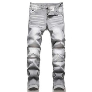 Autumn New European and American Hole Stitching Jeans for Mens Pure Grey Elastic Ultra thin Pencil Pants Motorcycle Style Clothing J240507