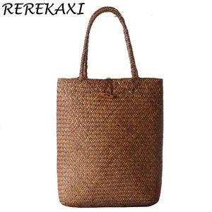 Handgefertigte Frauen Handtasche Sommer Strohstrand Bag Bambus gewebtes weibliches Schulter böhmischer Rattan großer Kapazität Tasche Drop 240430