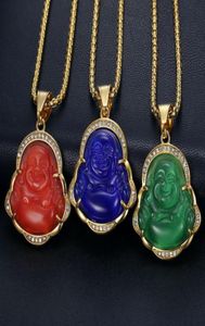 Diamond Patted Opal Jade Laughing Buddha Pendant Halsband med rostfritt stål guldpläterad kedja inlagd ädelsten smycken grossa7819862