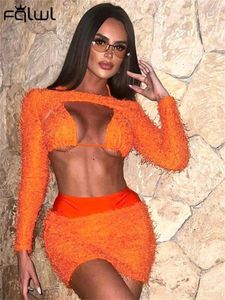 İş elbiseleri habbris turuncu askısız 2 iki parçalı etek seti parti kulüp kıyafetleri kadınlar için 2024 sonbahar uzun kollu örgü üstü