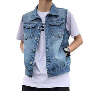 Men's Vests Men Lapel Sleeveless Denim Jacket Ripped Holes Pockets Single Breasted Washed Loose Waistcoat