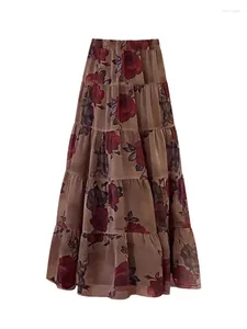 Saias saídas de rosa Blooming vintage para mulheres Autumn Elastic da cintura elástica Floral A-line Dress