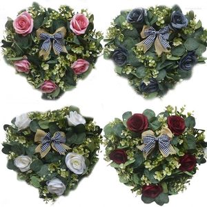 Decorative Flowers Vintage Heart-Shaped Artificial Rose Flower Wreath With Greenery Leaves Linen Plaid Bowknot For Front Door Home Wedding