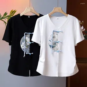 Camisetas femininas T-shirt de algodão de mangas curtas bordadas em estilo chinês para o decote em v retro em Slimmated Slimmed Slimmated