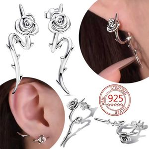 Stud 925 Sterling Silver Flower Flower Brincos de Flores de Rosa Adequado para Pandoras Elegantes Presentes de Gifra de Departamento Q240507