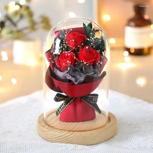 Dekorative Blumen 3 in Glas Dome Seife Rosenblumblüte Bouquet Valentinstag Mutter Tag Geburtstag Hochzeit Gunst