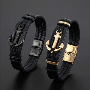 Kette neuer Punk Edelstahl Ankerarmband Echtes Lederarmband und Armband Herren Armband Schmuck Schwarz Fashion Geschenk J240508