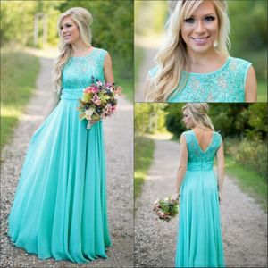 New Teal Country Bridesmaid Dresses Scoop A Line Chiffon Lace V Backless Long Cheap Bridesmaids Dresses for Wedding 268n