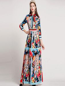 New Arrival 2018 Autumn Women039s O Neck Long Sleeves Bow Detailing Floral Printed Striped Pleated Elegant Maxi Runway Dresses4126408